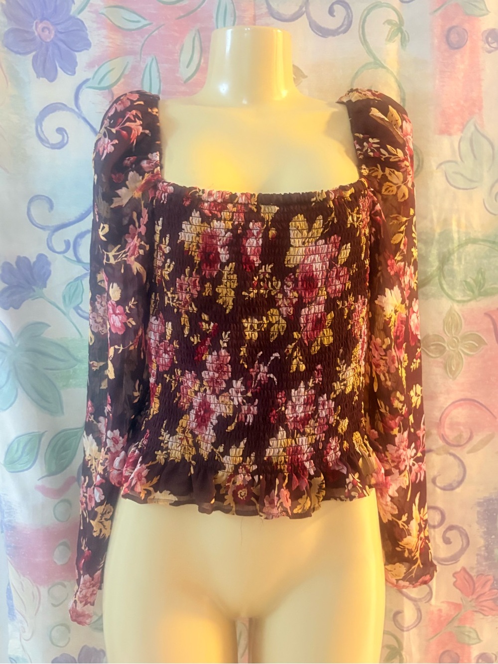 Express Floral Smocked Long-Sleeve Top - Black, Purple, Pink